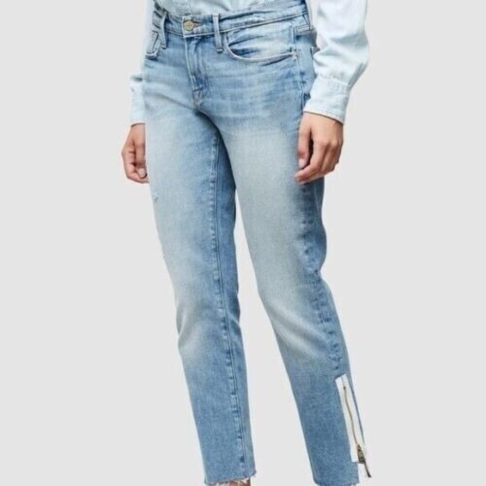Frame Denim Sky Blue Ankle Jeans with Zip Detail